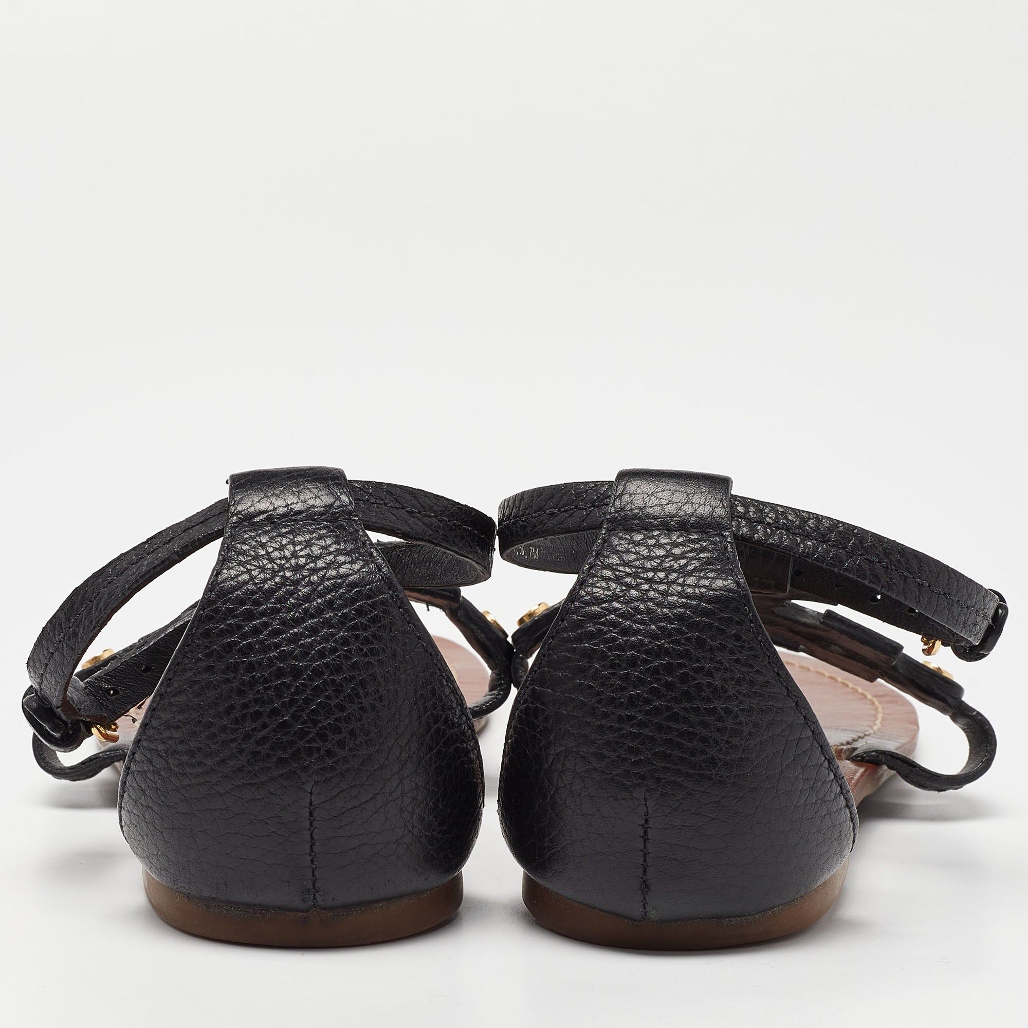 Tory Burch Black Leather Phoebe Flat Sandals Size 37.5