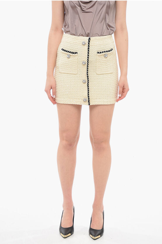 Self-Portrait Sequin Knit Miniskirt with Crystal Buttons