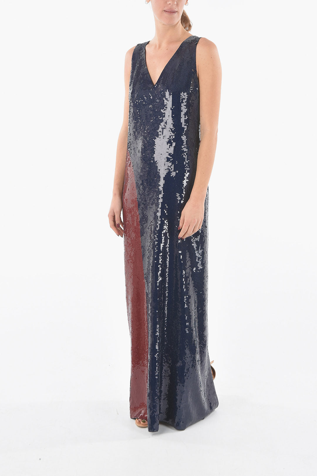 Tory Burch Sequined Sleeve-less Long Dress with Back Slit